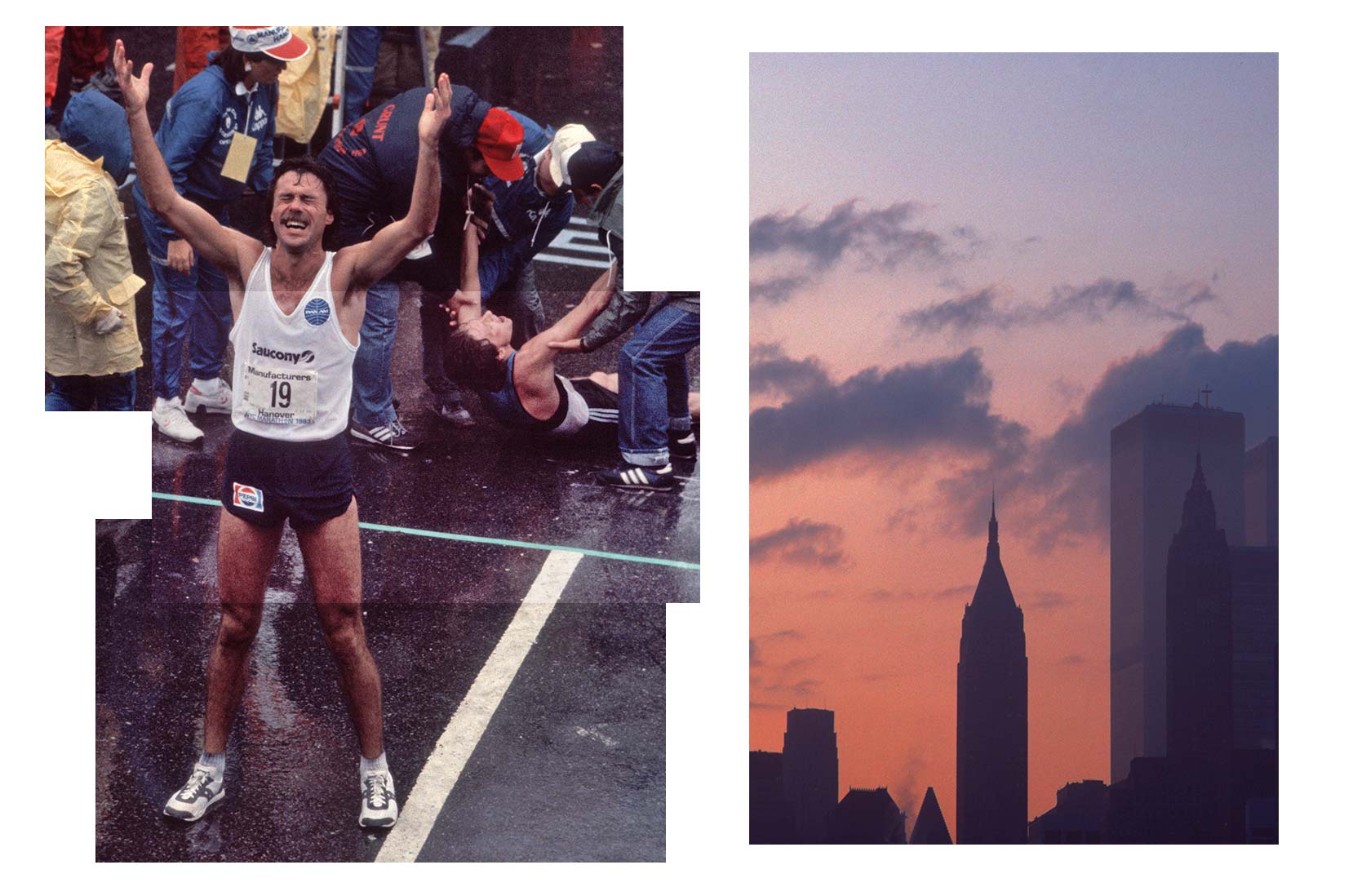 Newzealænderen Rod Dixon vinder NY maraton, New York, New York, 23. oktober 1983. (Foto af Allan Tannenbaum/Getty Images)<br/><br/>Lower Manhattan i tusmørke med de to tårne i World Trade Center, New York City, 1983. (Foto af Alfred Gescheidt/Getty Images)