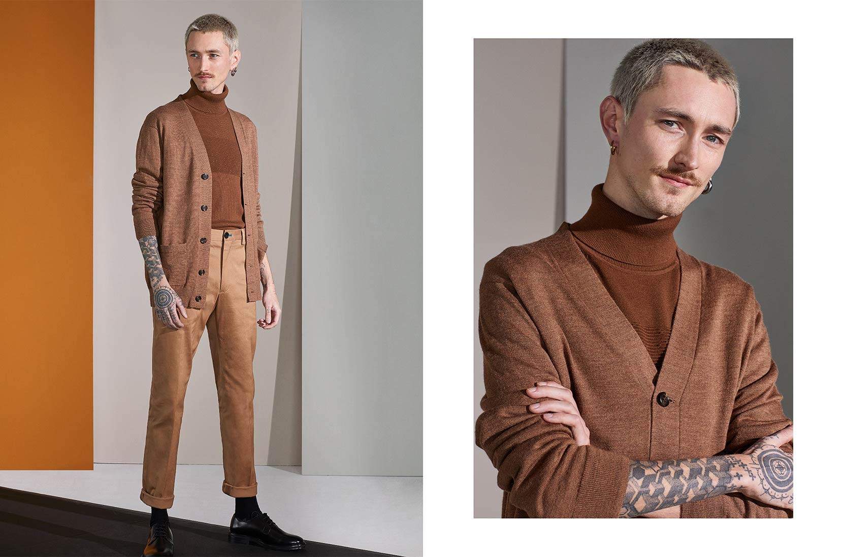 Strikket rullekravetrøje og cardigan
